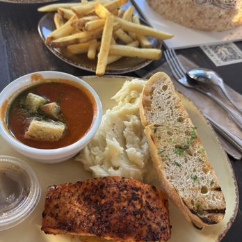 Urban Plates - Aleppo Chili Glazed Salmon Tomato Basil Soup Mashed Organic Potatoes - New American Near Me - Brea, California Urban Plates - Aleppo Chili Glazed Salmon Tomato Basil Soup Mashed Organic Potatoes - New American Near Me - Brea, California