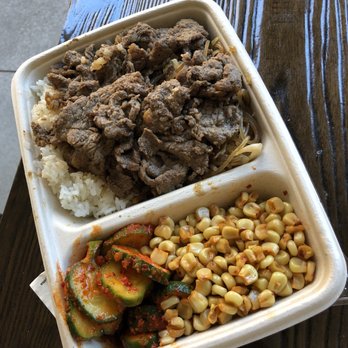 KOBUNGA - Custom plate: white rice + noodles, marinated meat, pickled cucumbers & corn - Korean Near Me - Los Angeles, California KOBUNGA - Custom plate: white rice + noodles, marinated meat, pickled cucumbers & corn - Korean Near Me - Los Angeles, California