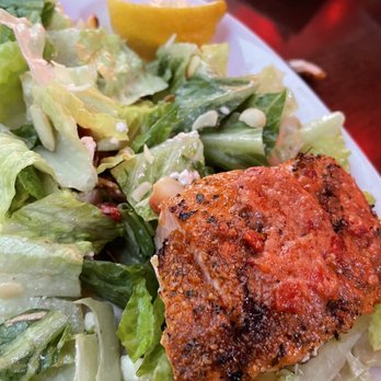The Globe - Danny's Cesar salad with salmon not steak. - New American Near Me - Coral Gables, Florida The Globe - Danny's Cesar salad with salmon not steak. - New American Near Me - Coral Gables, Florida