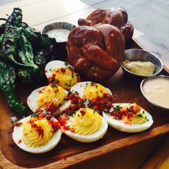 First Draft Taproom & Kitchen - Shishito peppers, deviled eggs, and pretzels. Has cheddar and horseradish sauce for the pretzels - Bars Near Me - Denver, Colorado First Draft Taproom & Kitchen - Shishito peppers, deviled eggs, and pretzels. Has cheddar and horseradish sauce for the pretzels - Bars Near Me - Denver, Colorado