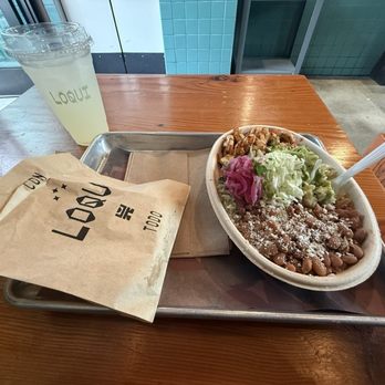 Loqui - shrimp bowl with rice, beans, guacamole and pickled onions; warm tortillas in the bag with a lemonade - Tacos Near Me - Culver City, California