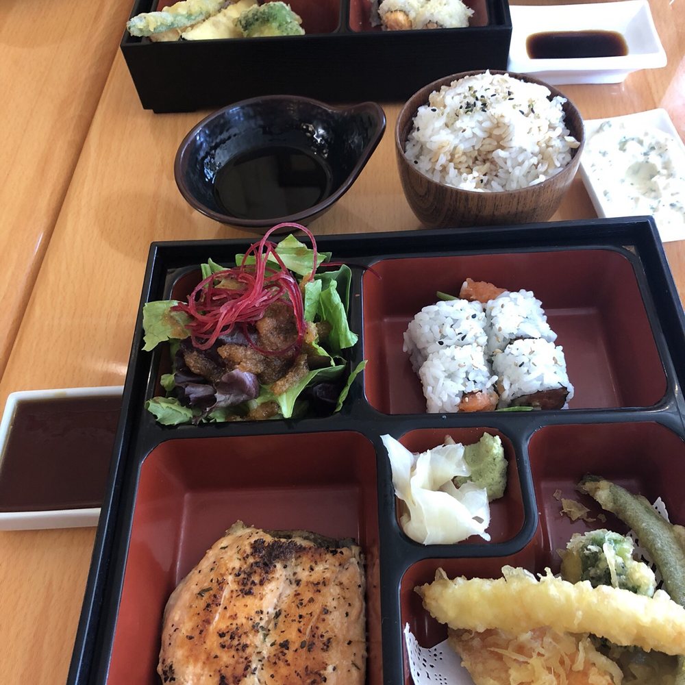 Kumi Ko - Salmon teriyaki (on the side) bento box with spicy tuna rolls, tempura, salad, rice, and miso soup (finished it) - Japanese Near Me - Compton, California Kumi Ko - Salmon teriyaki (on the side) bento box with spicy tuna rolls, tempura, salad, rice, and miso soup (finished it) - Japanese Near Me - Compton, California
