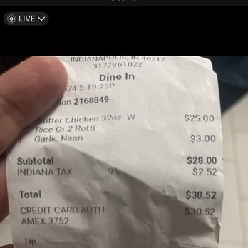 Indian & American Restaurant - Receipt from in store - Indian Near Me - Indianapolis, Indiana Indian & American Restaurant - Receipt from in store - Indian Near Me - Indianapolis, Indiana