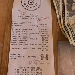 Unauthorized charges: meat that came on the pizza we ordered; illegal 25% gratuity which was above the amount even posted in the restaurant!