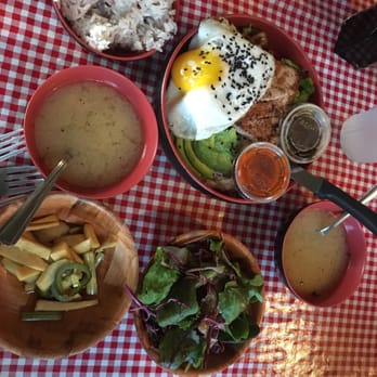 Koriente - Our spread. Obake bowl, and complimentary miso soup, balsamic salad, and pickled vegetables - Asian Fusion Near Me - Austin, Texas Koriente - Our spread. Obake bowl, and complimentary miso soup, balsamic salad, and pickled vegetables - Asian Fusion Near Me - Austin, Texas