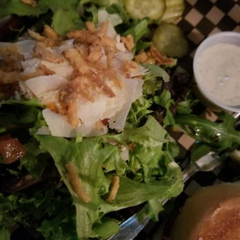 Peaks and Pints - Side salad. Comes as a house Salad with onion things on top. I chose ceaser dressing and boy, it was random and so good! - Beer Bar Near Me - Tacoma, Washington