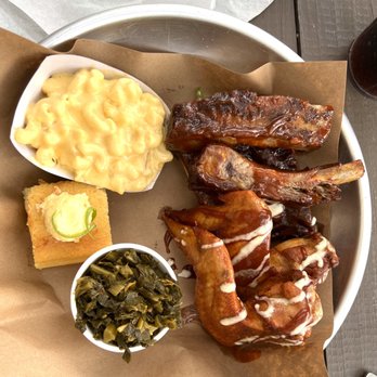 Fire To Table  - Rib/ Chicken combo, with gouda mac and cheese, and collard green - New American Near Me - Murrells Inlet, South Carolina