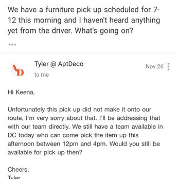 AptDeco - Disorganization or dishonesty? - Furniture Stores Near Me - New York, New York