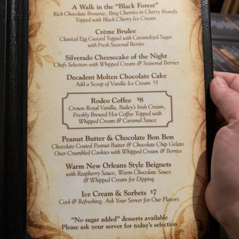 Silverado Steak House - Dessert menu. I couldn't finish my meal, but wish I could have tried that crème brûlée. - Steakhouses Near Me - Las Vegas, Nevada