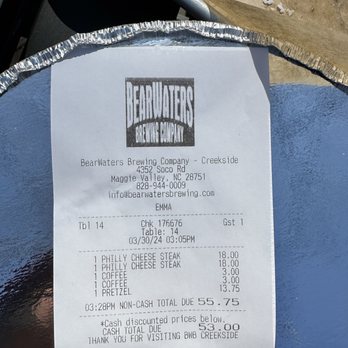 BearWaters Brewing Company - The receipt listing both the cash price and the higher credit card price. - Thai Near Me - Maggie Valley, North Carolina BearWaters Brewing Company - The receipt listing both the cash price and the higher credit card price. - Thai Near Me - Maggie Valley, North Carolina
