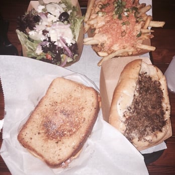 Block 16 - Grilled cheese, house salad, philly sandwich, and gangsta fries - American Near Me - Omaha, Nebraska Block 16 - Grilled cheese, house salad, philly sandwich, and gangsta fries - American Near Me - Omaha, Nebraska
