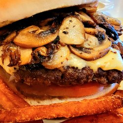 Burger Island - Mushroom Burger, w/ Sweet Potato Fries.