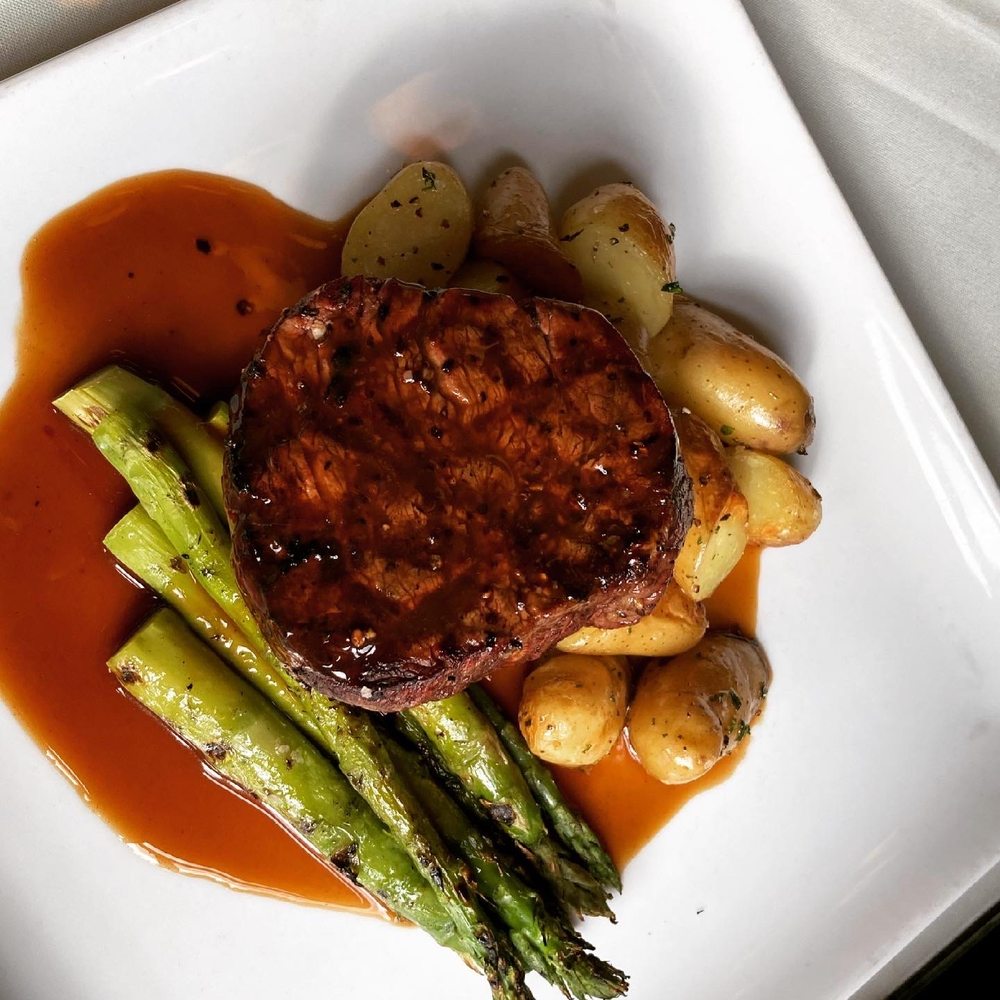 J. Corks - Filet Mignon, fingerling potatoes and grilled asparagus - New American Near Me - Greensburg, Pennsylvania J. Corks - Filet Mignon, fingerling potatoes and grilled asparagus - New American Near Me - Greensburg, Pennsylvania