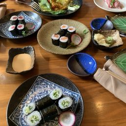House salad, Kappa Maki(cucumber roll), Tekka Maki(Tuna roll), Sake Maki(Salmon roll), Toro (Tuna Nigiri)