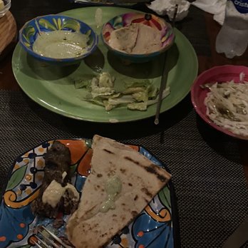 Olivia - Kafta, na'an bread, mint chutney & hummus - spicy cabbage on right?! - Mediterranean Near Me - Isla Mujeres, ROO