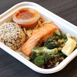 Picnic - Salmon Simplicity Grainbowl ($16.95) - Brown Rice & Quinoa, Salmon Filet, Oven Charred Broccoli, Fried Shallots, Lemon Wedge