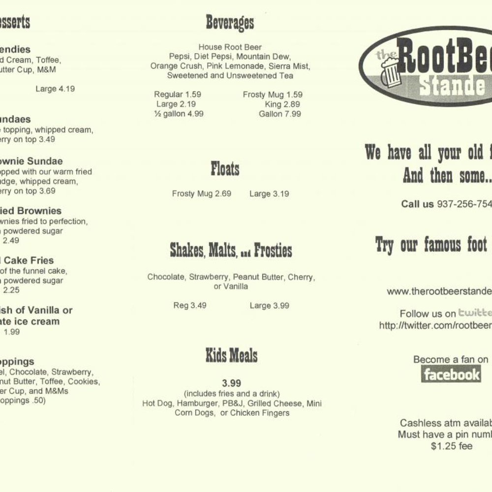 The Root Beer Stande - Menu front - Burgers Near Me - Dayton, Ohio The Root Beer Stande - Menu front - Burgers Near Me - Dayton, Ohio