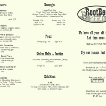 The Root Beer Stande - Menu front - Burgers Near Me - Dayton, Ohio The Root Beer Stande - Menu front - Burgers Near Me - Dayton, Ohio