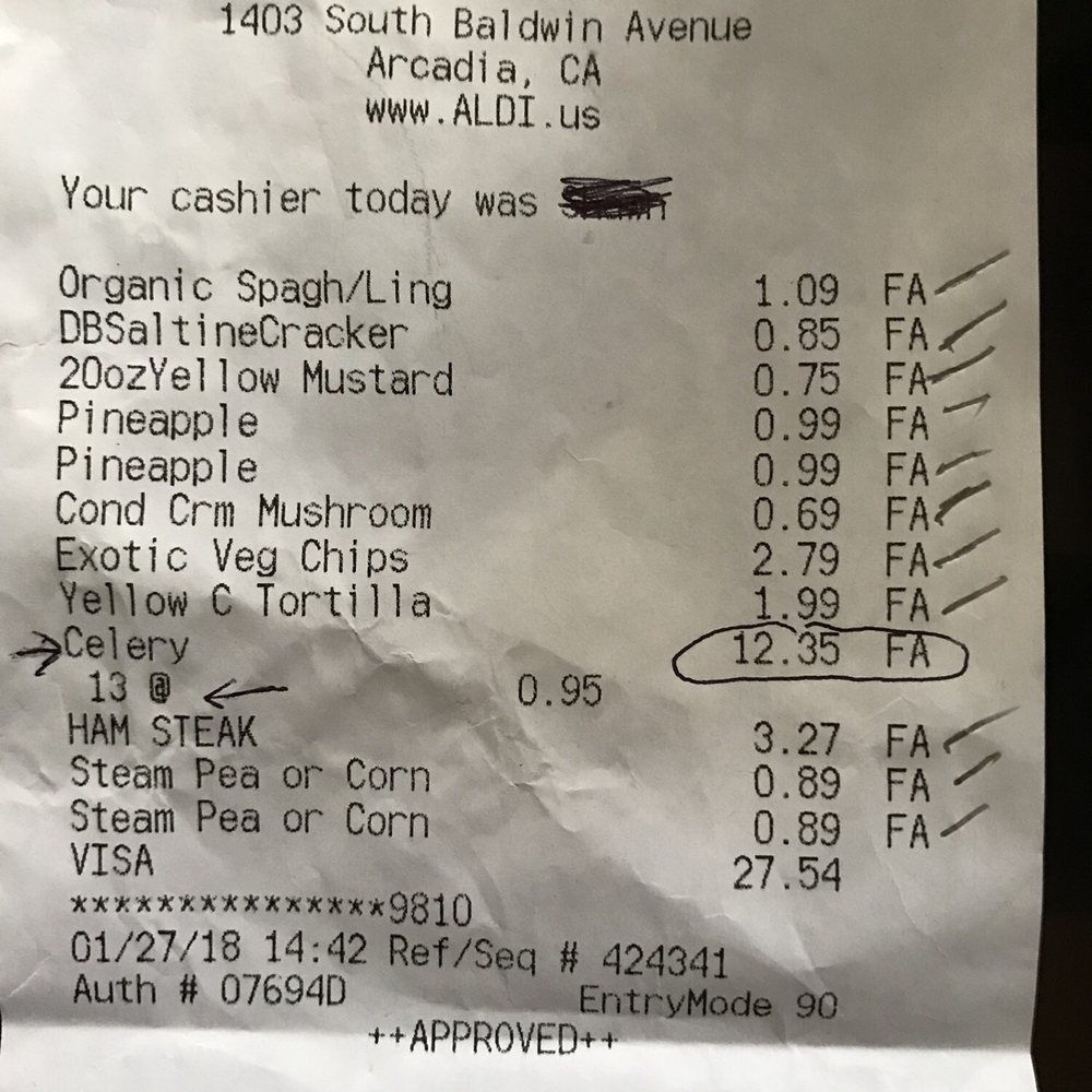 ALDI - Terrible mistake by the cashier!!! The guy charged me 13 times for a stalk of celery that I bought. - Grocery Near Me - Arcadia, California ALDI - Terrible mistake by the cashier!!! The guy charged me 13 times for a stalk of celery that I bought. - Grocery Near Me - Arcadia, California