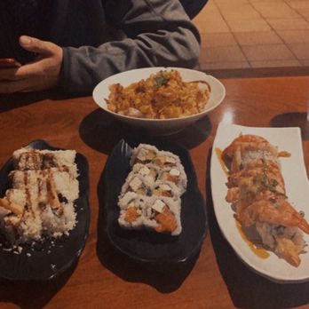 Sushi Shiro - Crunch roll, Philadelphia roll, tiger roll and on top is the popcorn roll - Sushi Bars Near Me - Upland, California Sushi Shiro - Crunch roll, Philadelphia roll, tiger roll and on top is the popcorn roll - Sushi Bars Near Me - Upland, California