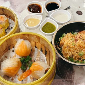 Palette Tea Garden & Dim Sum - Our dimsum spread: Lobster Har Gow | 原味籠蝦餃 Typhoon Shrimp Dumpling / 避風塘蝦餃 Siu Mai - Dim Sum Near Me - San Mateo, California