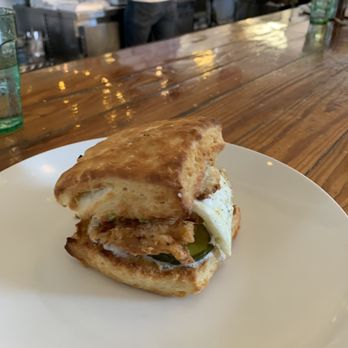 Monuts - Chicken and pickles sandwich. Don't let the picture fool you, this sandwich is big and filling! - Donuts Near Me - Durham, North Carolina