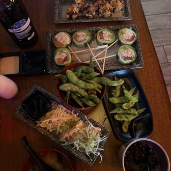 Zu Izakaya - Pork Gyoza, Miso Soup, Chili Garlic Edamame, Lollipop Roll, and In and Out Roll. - Sushi Bars Near Me - Gilbert, Arizona Zu Izakaya - Pork Gyoza, Miso Soup, Chili Garlic Edamame, Lollipop Roll, and In and Out Roll. - Sushi Bars Near Me - Gilbert, Arizona