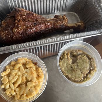 Frans Meat Plus Three - CONFIT TURKEY LEG: For some reason they only give you two sides with a turkey leg but three sides with all their other protein choices - Soul Food Near Me - Columbus, Ohio