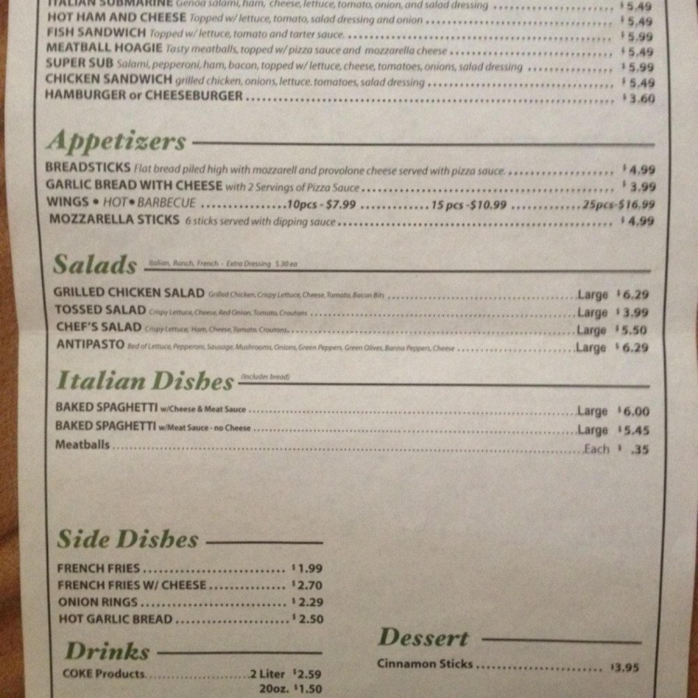 Main Street Pizza - Back side of the menu - Pizza Near Me - Williamsburg, Ohio