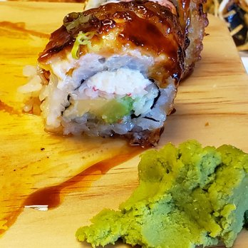 Avocado Roll Sushi - Close up of Gonzaga roll. It's gooey and baked in the middle and little delicious crispy bits on top. - Japanese Near Me - Spokane, Washington