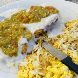 The Crane Cafe - CFS with green chile and gravy. Truckers special