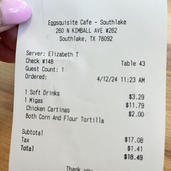 Eggsquisite Cafe - Receipt - Breakfast & Brunch Near Me - Southlake, Texas