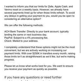 9/30: Explanation stating they cannot actually pay me via Zelle and their other payment options.