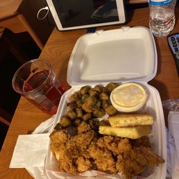 Chicken Strips (6), Fried Okra, Macaroni & Cheese, and Cornbread. Chicken Strips (6), Fried Okra, Macaroni & Cheese, and Cornbread.