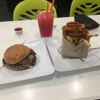 Burger Lounge - The Classic burger with a side of half onion rings half fries, delicious! - Burgers Near Me - Costa Mesa, California