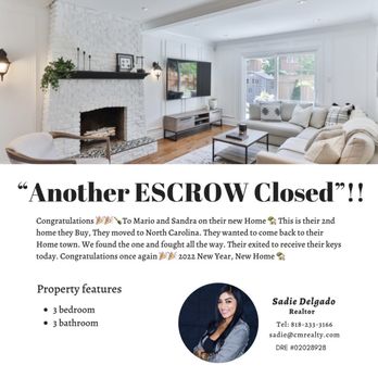 Sadie Delgado - "Another ESCROW Closed " Congratulations to Mario & Sandra New Year 2022, New Home - Real Estate Agents Near Me - Calabasas , California Sadie Delgado - "Another ESCROW Closed " Congratulations to Mario & Sandra New Year 2022, New Home - Real Estate Agents Near Me - Calabasas , California