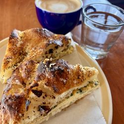 Pour Richard's Distillery - Breakfast Sandwich (Egg & Cheese) on house-made focaccia + Latte