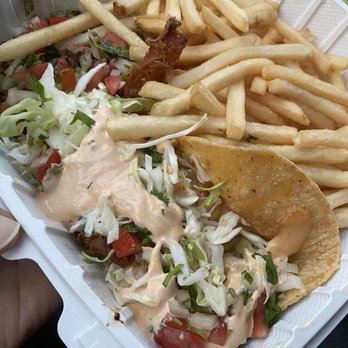 Señor Grubby's - 3 Tacos with Side- garlic shrimp taco, Baja fish taco and a Carne asada taco with fries - Mexican Near Me - Oceanside, California Señor Grubby's - 3 Tacos with Side- garlic shrimp taco, Baja fish taco and a Carne asada taco with fries - Mexican Near Me - Oceanside, California