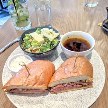 The Goldfinch - Prime rib dip sandwich, sub fries with side salad - New American Near Me - Irvine, California The Goldfinch - Prime rib dip sandwich, sub fries with side salad - New American Near Me - Irvine, California