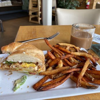 Leaf Vegetarian Restaurant - Egg Croissant with mix of regular and sweet potato fries. - Vegetarian Near Me - Boulder, Colorado
