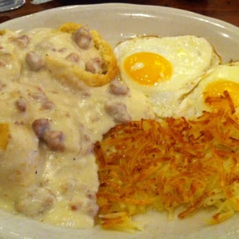 Ted's Bulletin Reston - Nana's beer biscuits with sausage gravy, sunny side up eggs, and Hashbrowns - Breakfast & Brunch Near Me - Reston, Virginia
