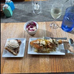 Pork schnitzel with onions, capers, and a lemon sauce... as well as cinnamon bread pudding with espresso whipped cream!