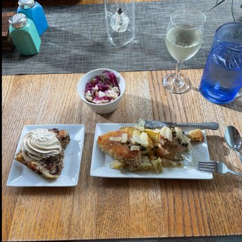 Brewery Gulch Inn - Pork schnitzel with onions, capers, and a lemon sauce... as well as cinnamon bread pudding with espresso whipped cream! - Hotels Near Me - Mendocino, California
