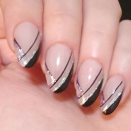 Acrylic fill, with sheer pink nude gel all over, and black variation of French tip design with silver and purple to match the ring.