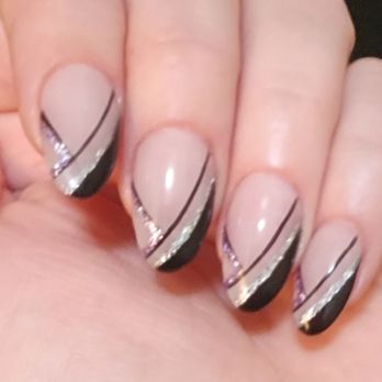Camarillo Nails and Spa - Acrylic fill, with sheer pink nude gel all over, and black variation of French tip design with silver and purple to match the ring. - Nail Salons Near Me - Camarillo, California