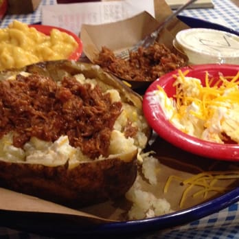Blanco BBQ - Pulled Pork Potato w/ Mac and Cheese! Yum! - Barbeque Near Me - San Antonio, Texas