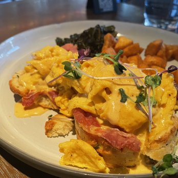 Root Down - Croque madame Benedict with scrambled - New American Near Me - Denver, Colorado Root Down - Croque madame Benedict with scrambled - New American Near Me - Denver, Colorado