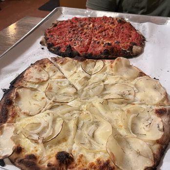 Sally's Apizza - Traditional Tomato Sauce & Muzzo Pie and Potato Rosemary Pizza - Pizza Near Me - New Haven, Connecticut