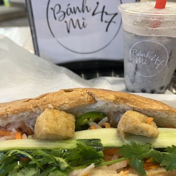 Banh Mi 47 - Tofu bahn mi and black sesame boba. Pretty good. Needs more flavor - Vietnamese Near Me - Albany, New York Banh Mi 47 - Tofu bahn mi and black sesame boba. Pretty good. Needs more flavor - Vietnamese Near Me - Albany, New York