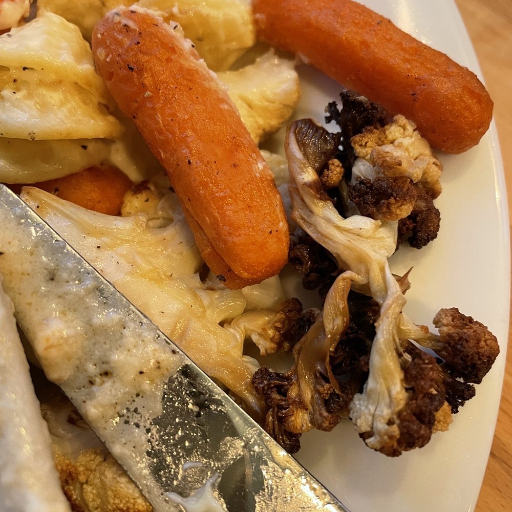 Stern Seafood - "Veggie de jour"... half boiled carrots and burnt soggy cauliflower. - Seafood Near Me - Scarborough, Maine